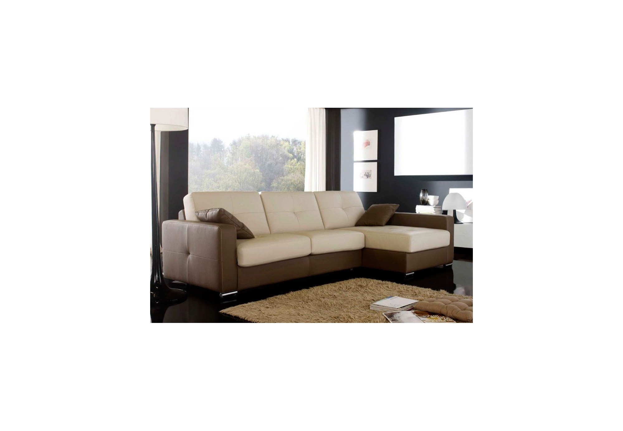 Sofá cama con chaise longue en piel natural Boston | Sofá cama de piel