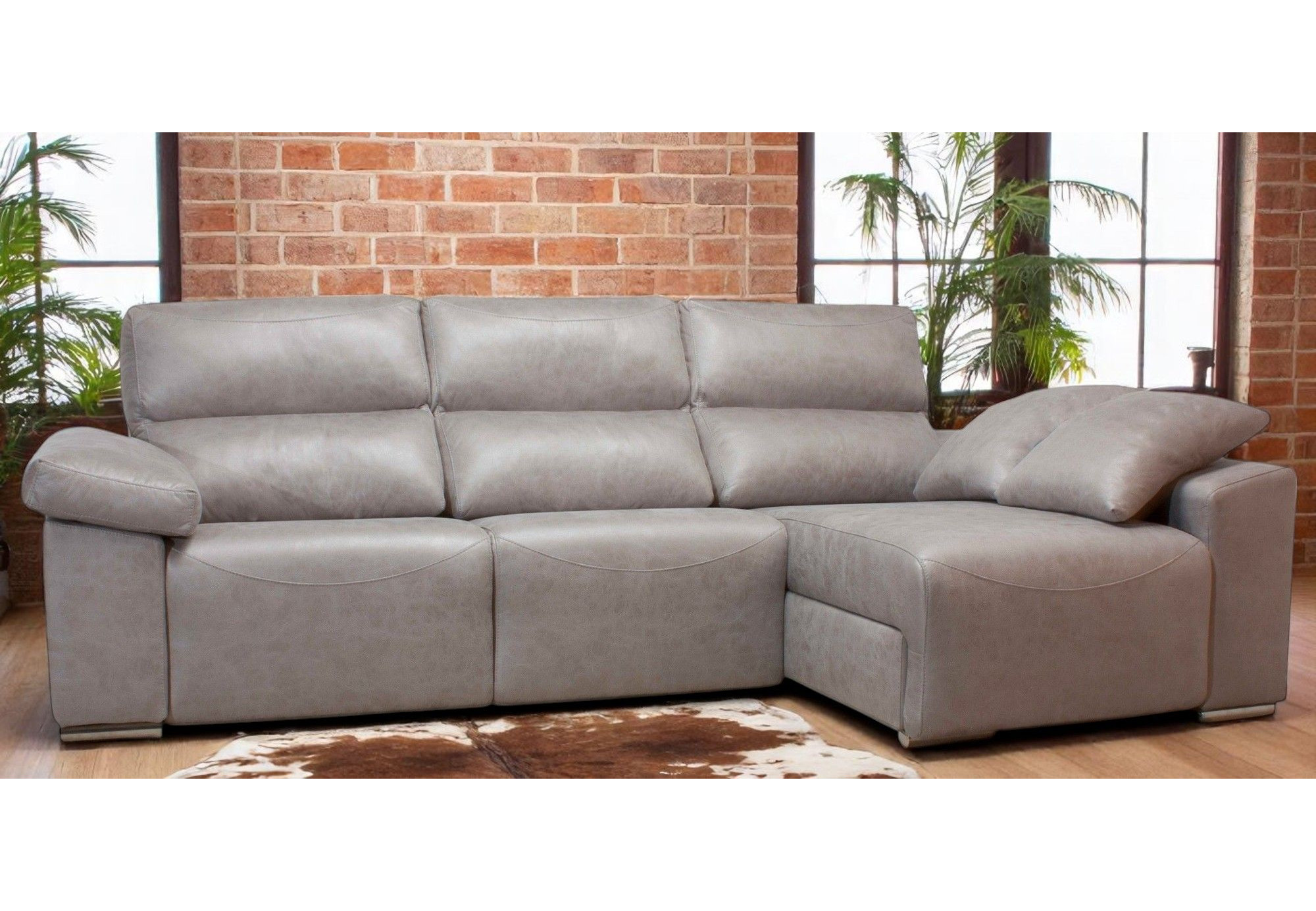 Sofá 3 plazas con chaise longue en piel vaca natural | SofaHogar