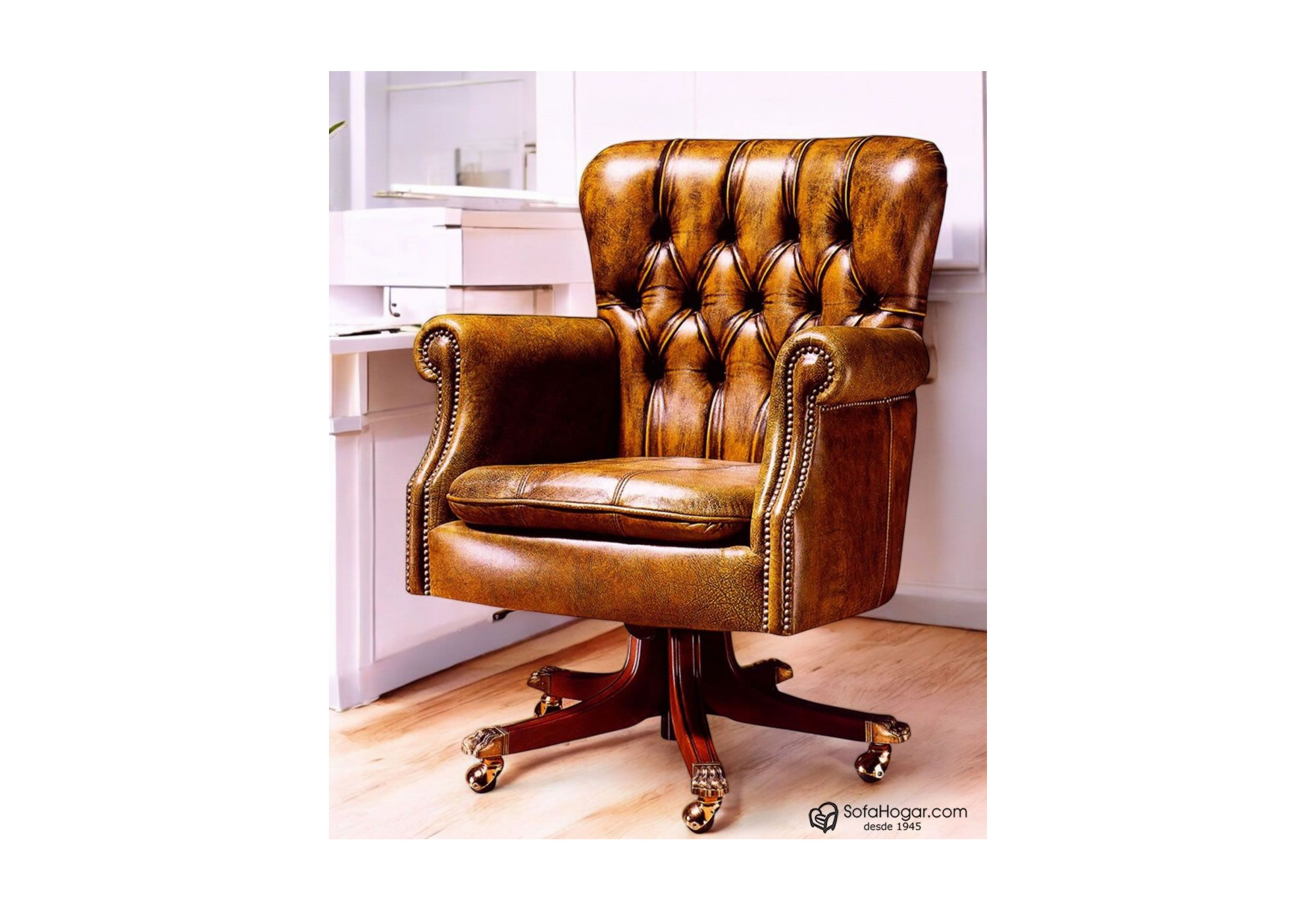 Sillón Despacho Inglés Piel Natural – Giratorio y con Ruedas