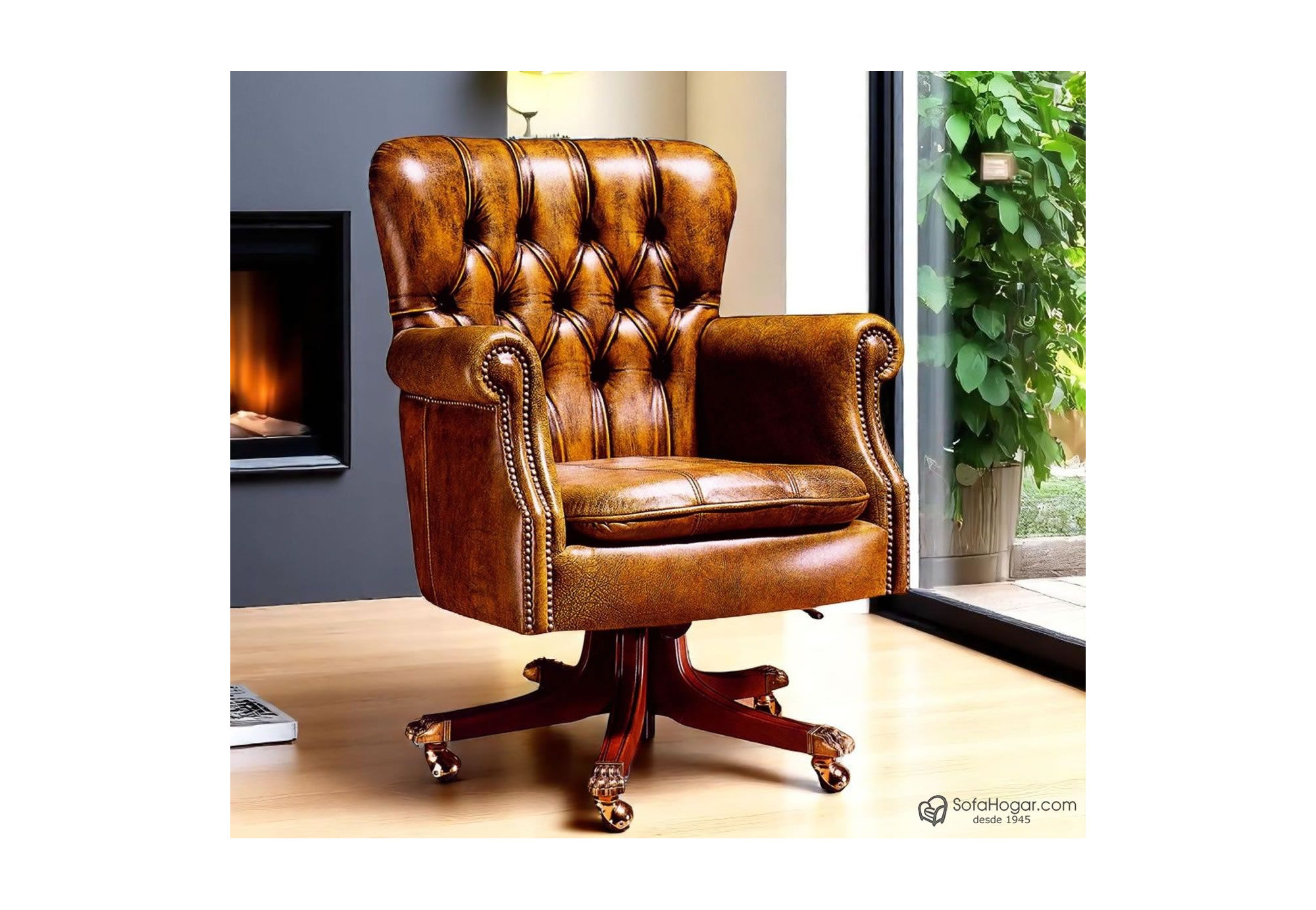 Sillón Despacho Inglés Piel Natural – Giratorio y con Ruedas