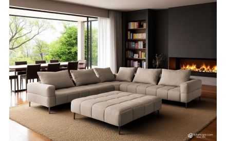 Sofá rinconera piel natural moderna DYLAN – Hecho a medida, con puff a juego