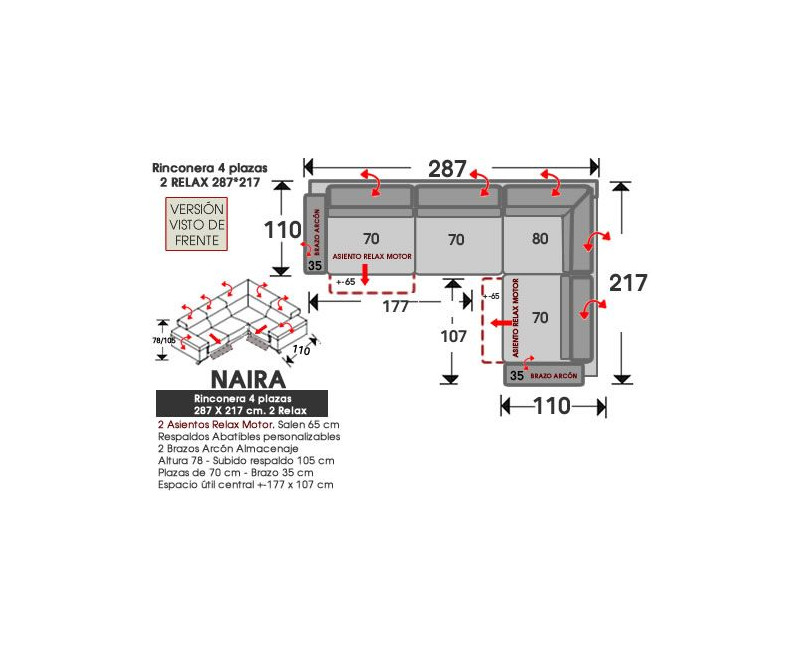 Rinconera de piel natural NAIRA – Sofá modular con relax, arcón y 3 medidas