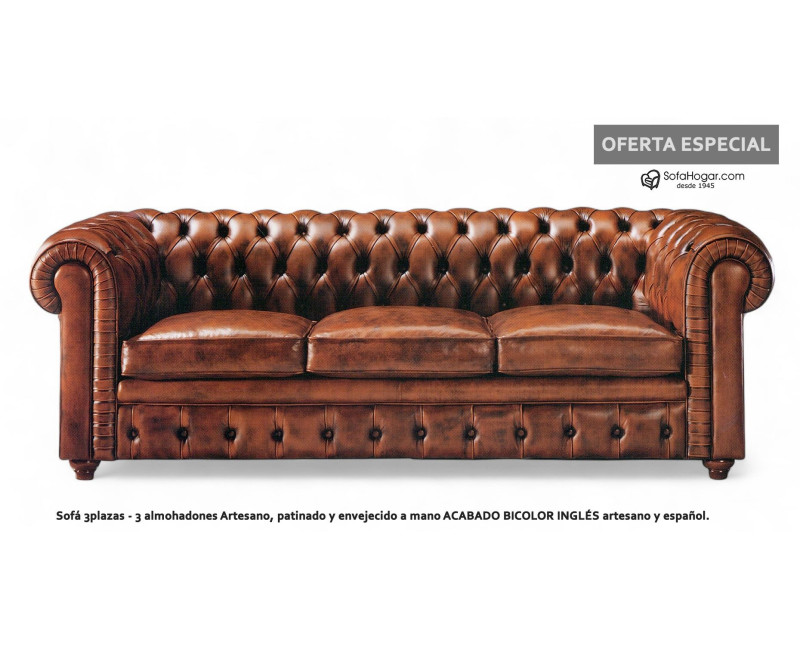 Sofá Chester 3 Plazas Inglés en Piel Bicolor | SofaHogar