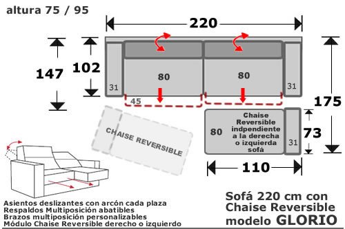 (165) Sofa 220 Chaise Revers