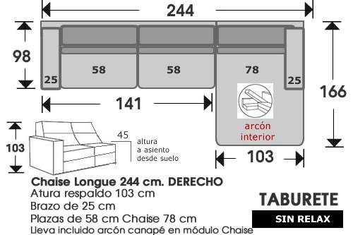 (209) ChaiseLongue 244cm DCHO sin relax