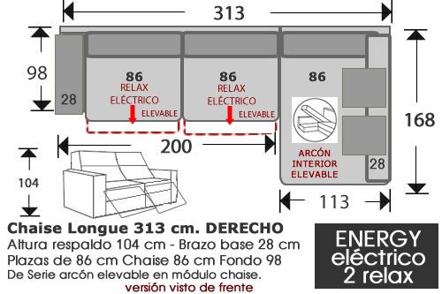 (262) ChaiseLongue 313cm DCHO 2 Relax Eléct.