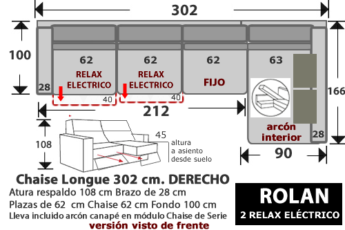 (264) ChaiseLongue 302cm DCHO Relax eléctrico