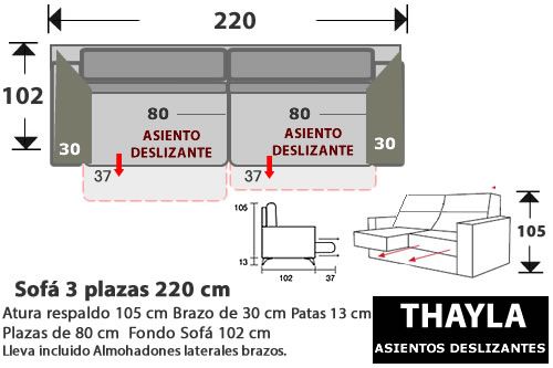 (265) Sofá 3plazas 220cm Asientos Desliz.