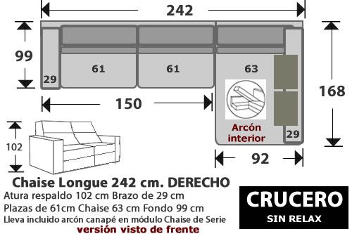 (270) ChaiseLongue 242cm. DCHO Sin Relax