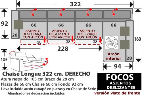(272) ChaiseLongue 322cm. DCHO. 3 desliz.