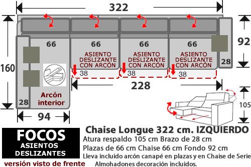 (272) ChaiseLongue 322cm. IZDO. 3 desliz.