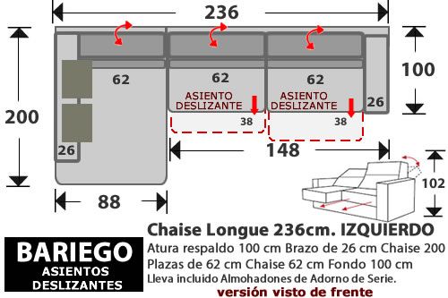 (273) ChaiseLongue 236cm. IZDO. 2 desliz.
