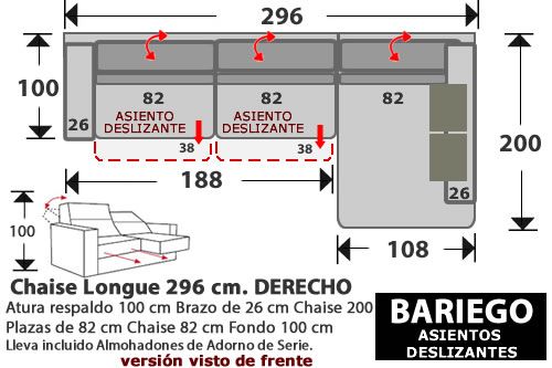 (273) ChaiseLongue 296cm. DCHO. 2 desliz.