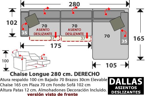 (276) ChaiseLongue 280cm. DCHO. 2 Desliz.