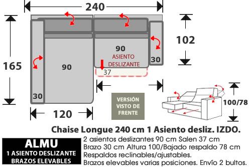 (281) ChaiseLongue 240cm. IZDO. 2 Deslizantes