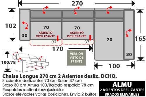 (281) ChaiseLongue 270cm. DCHO. 2 Deslizantes