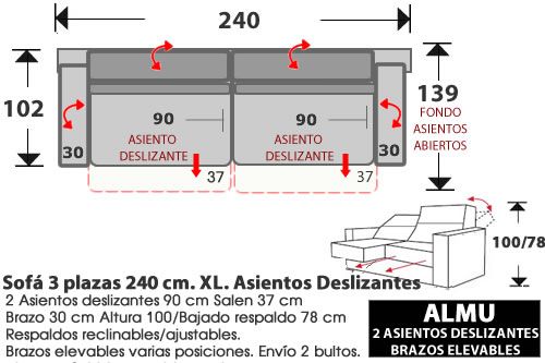 (281) Sofá 3p. 240cm XL 2 Deslizantes
