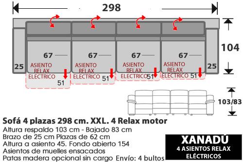 (250) Sofa 4plazas 298cm XXL 4 Relax Elect
