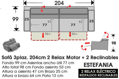 (297) Sofá 3plazas 204cm 2Relax Motor
