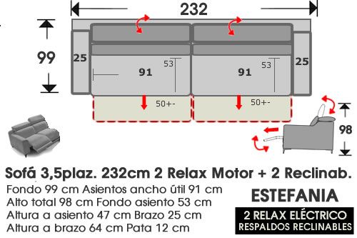 (297) Sofá 3plaz XL 232cm 2Relax Motor