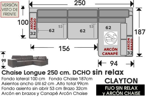 (308) ChaiseLongue 250cm DCHO. FIJA Sin Relax