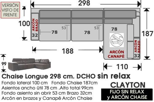 (308) ChaiseLongue 298cm DCHO FIJA Sin Relax